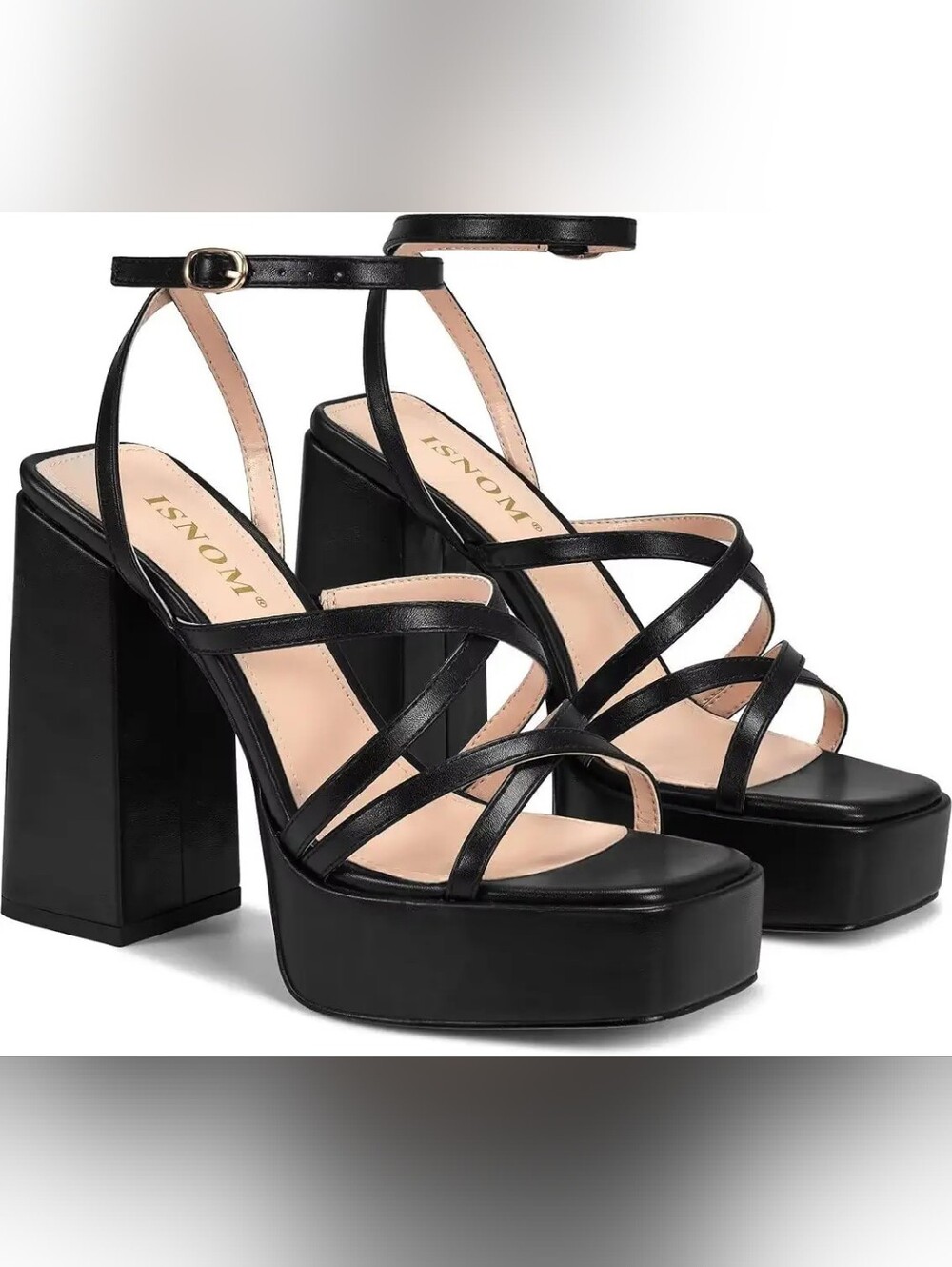 Isnom Chunky Strappy Platform Block Heels